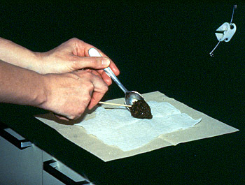 cheesecloth with faecal material being placed in centre with a spoon