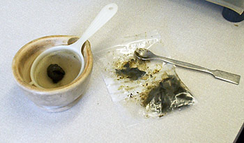 pestle and mortar with faeces and collection bag